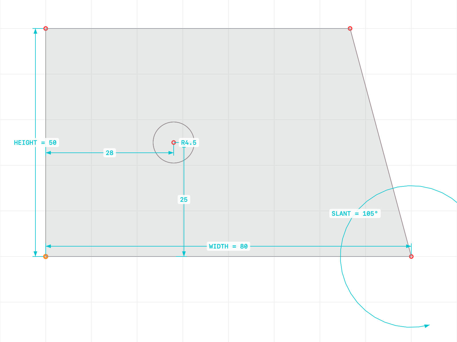 The bracket sketch in FlywheelCAD: a trapezoid with a hole, dimensioned WIDTH = 80, HEIGHT = 50, SLANT = 105°, hole radius 4.5, positioned 28 and 25 from the edges.