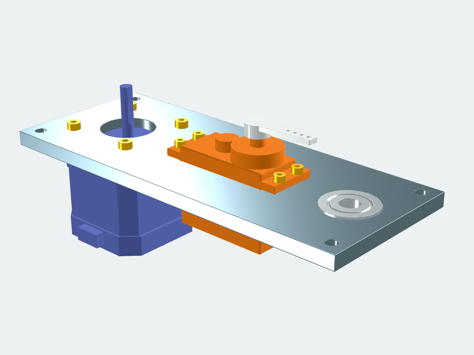 The motor mount assembly: a metallic plate with a blue NEMA 17 stepper below, an orange servo with a white horn, a bearing in its seat and yellow cap screws.
